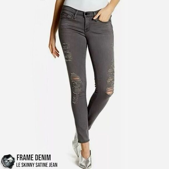 FRAME DENIM LE SKINNY SATINE DESTROYED JEANS IN GREY’S INN DARK GREY SIZE 27 - Picture 6 of 13